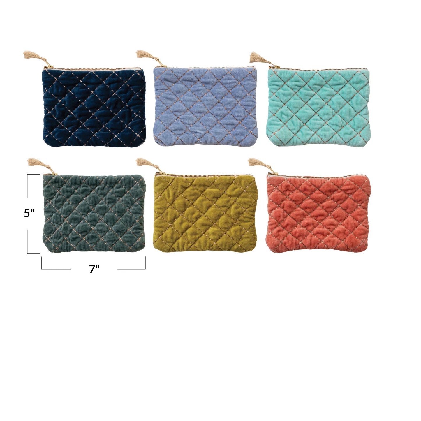 Quilted Cotton Velvet Zip Pouch w/Metallic Thread Embroidery & Tassel (6 Colors)