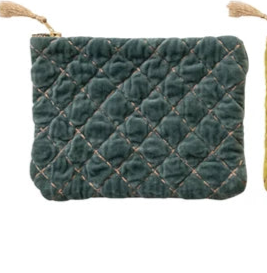Quilted Cotton Velvet Zip Pouch w/Metallic Thread Embroidery & Tassel (6 Colors)