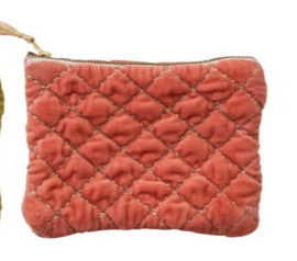 Quilted Cotton Velvet Zip Pouch w/Metallic Thread Embroidery & Tassel (6 Colors)
