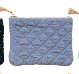 Quilted Cotton Velvet Zip Pouch w/Metallic Thread Embroidery & Tassel (6 Colors)