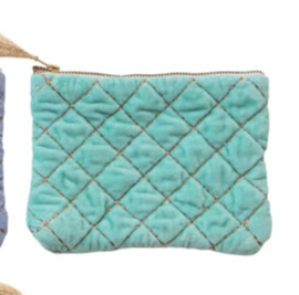 Quilted Cotton Velvet Zip Pouch w/Metallic Thread Embroidery & Tassel (6 Colors)