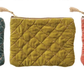 Quilted Cotton Velvet Zip Pouch w/Metallic Thread Embroidery & Tassel (6 Colors)