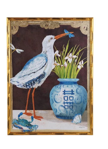 Wood Faux Bamboo Framed Canvas Wall Decor w/Bird & Urn Image & Gold Foil (2 Styles)
