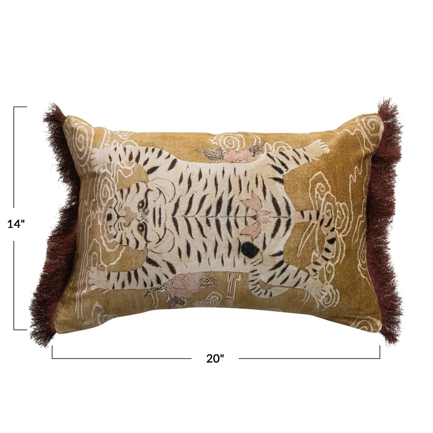 Cotton Velvet Printed Lumbar Pillow w/Tibetan Tiger & Fringe
