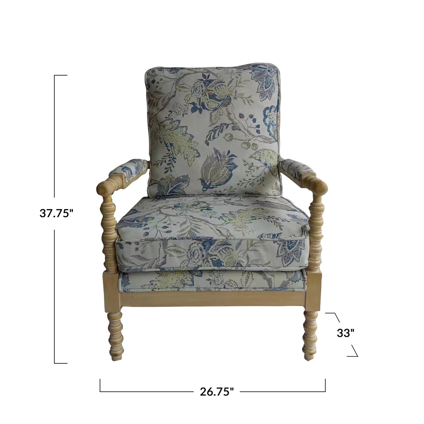 Linen Fabric Upholstered Chair w/Floral & Leaf Pattern & Spindle Wood Frame