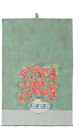 Cotton & Linen Printed Tea Towel w/Flowers in Vase & Mini Pom Pom Trim (3 Styles)