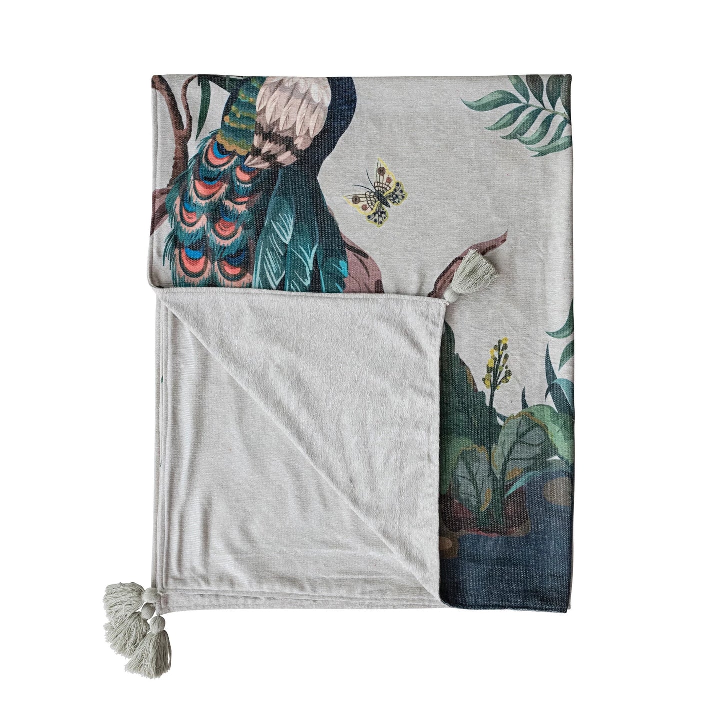 Fabric Blend Chenille Throw w/Peacock, Birds, Butterfly, Botanicals & Tassels