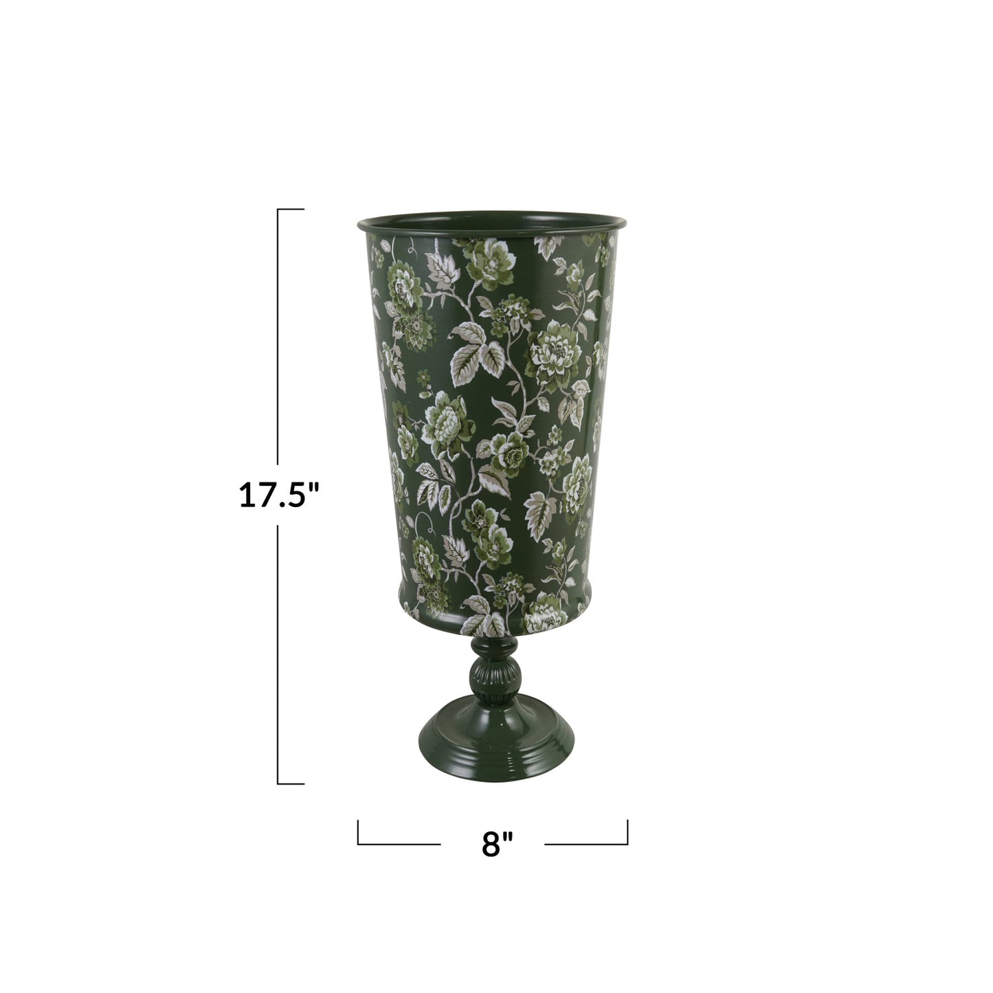 Metal Footed Vase w/Floral Pattern, Green, Grey & White