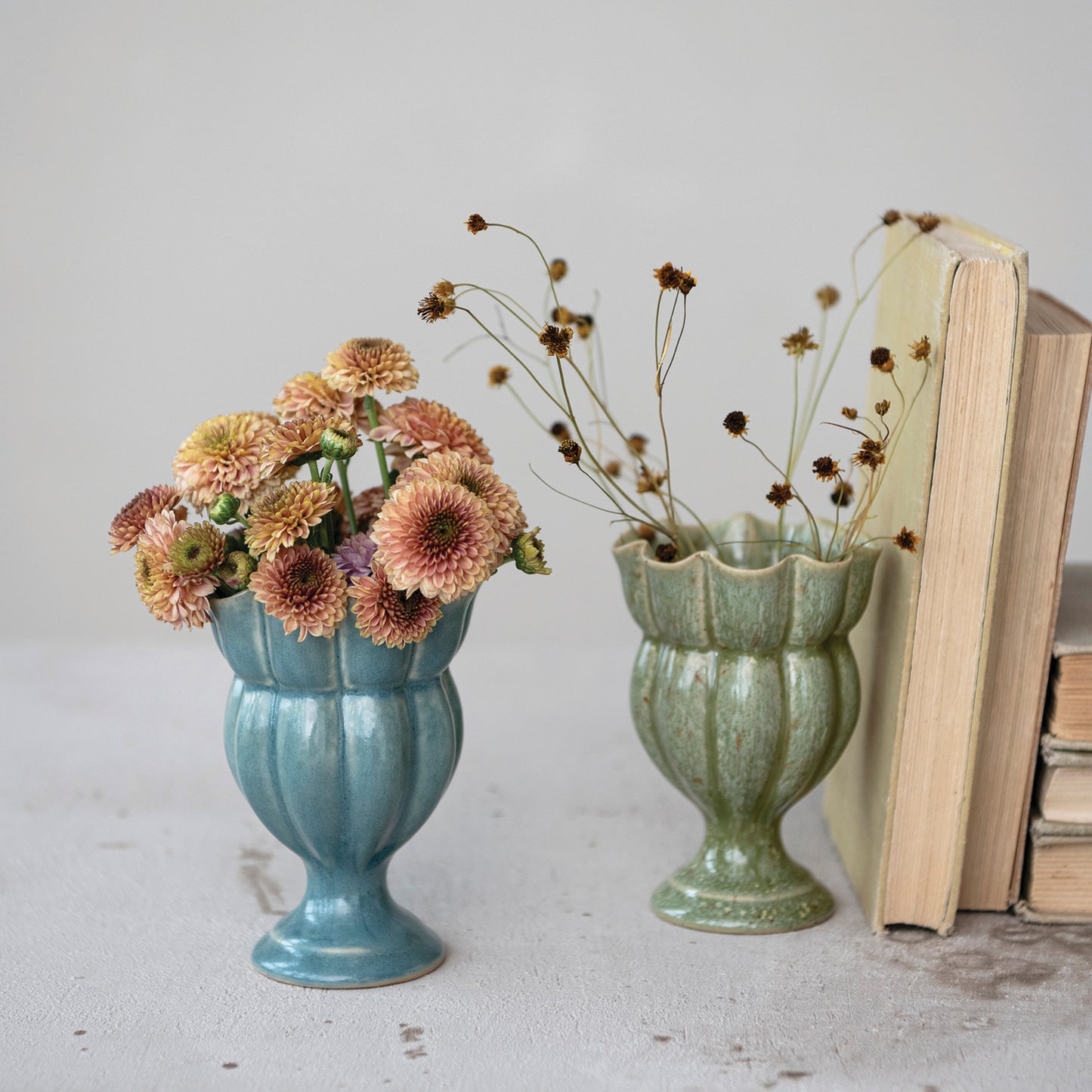 Stoneware Scalloped Footed Vase (2 Colors) (Each Will Vary)
