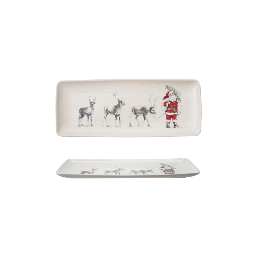 Stoneware Serving Platter w/Santa Leading Reindeer Image