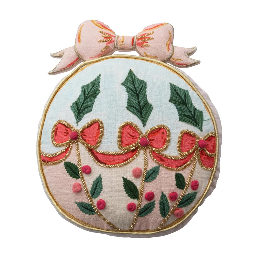 Ornament Shaped Pillow w/Embroidery & Velvet Back