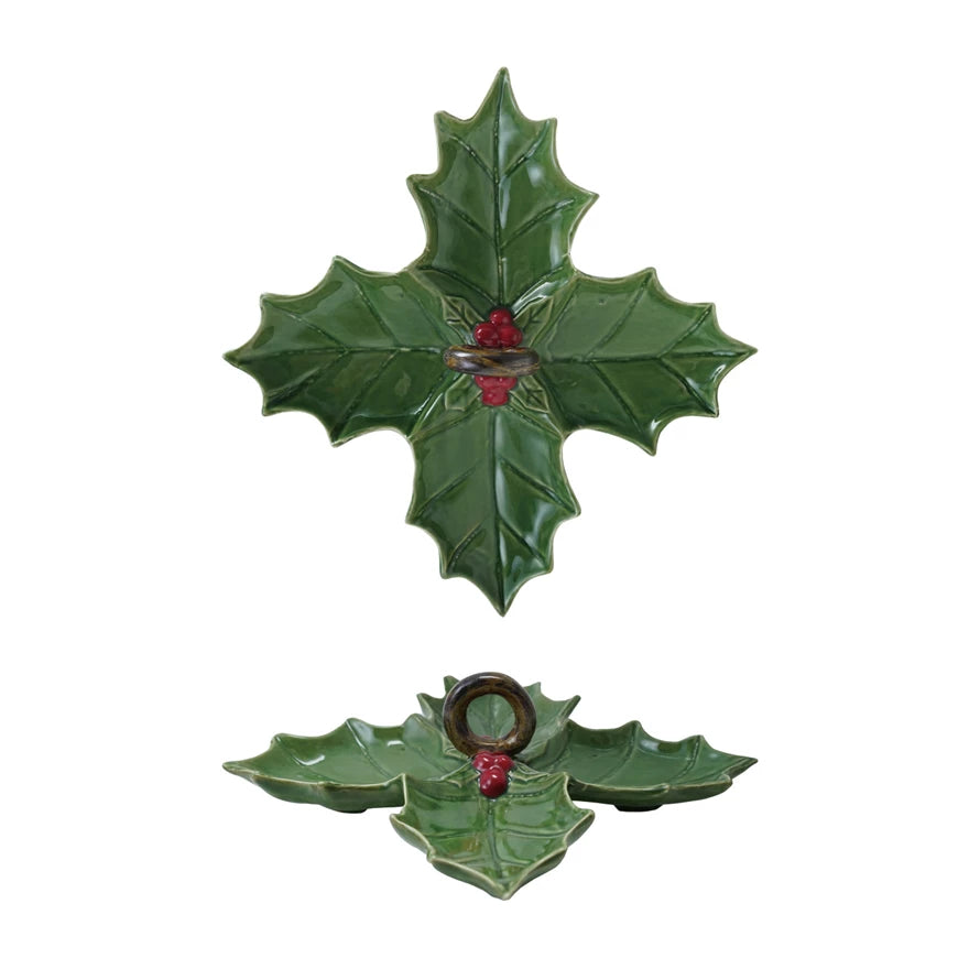 Ceramic Holly Leaf Shaped Dish w/4 Sections & Handle