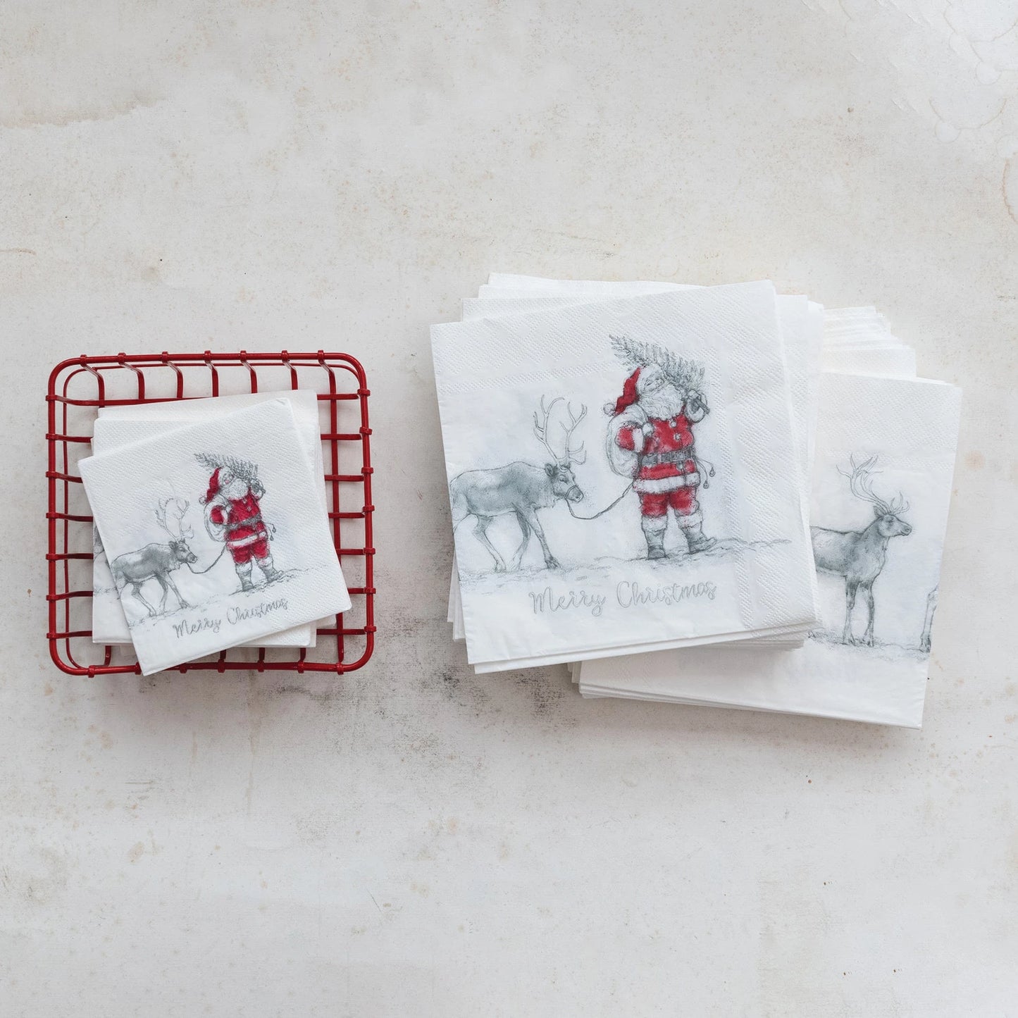 Paper Cocktail Napkins w/Santa Leading Reindeer Image