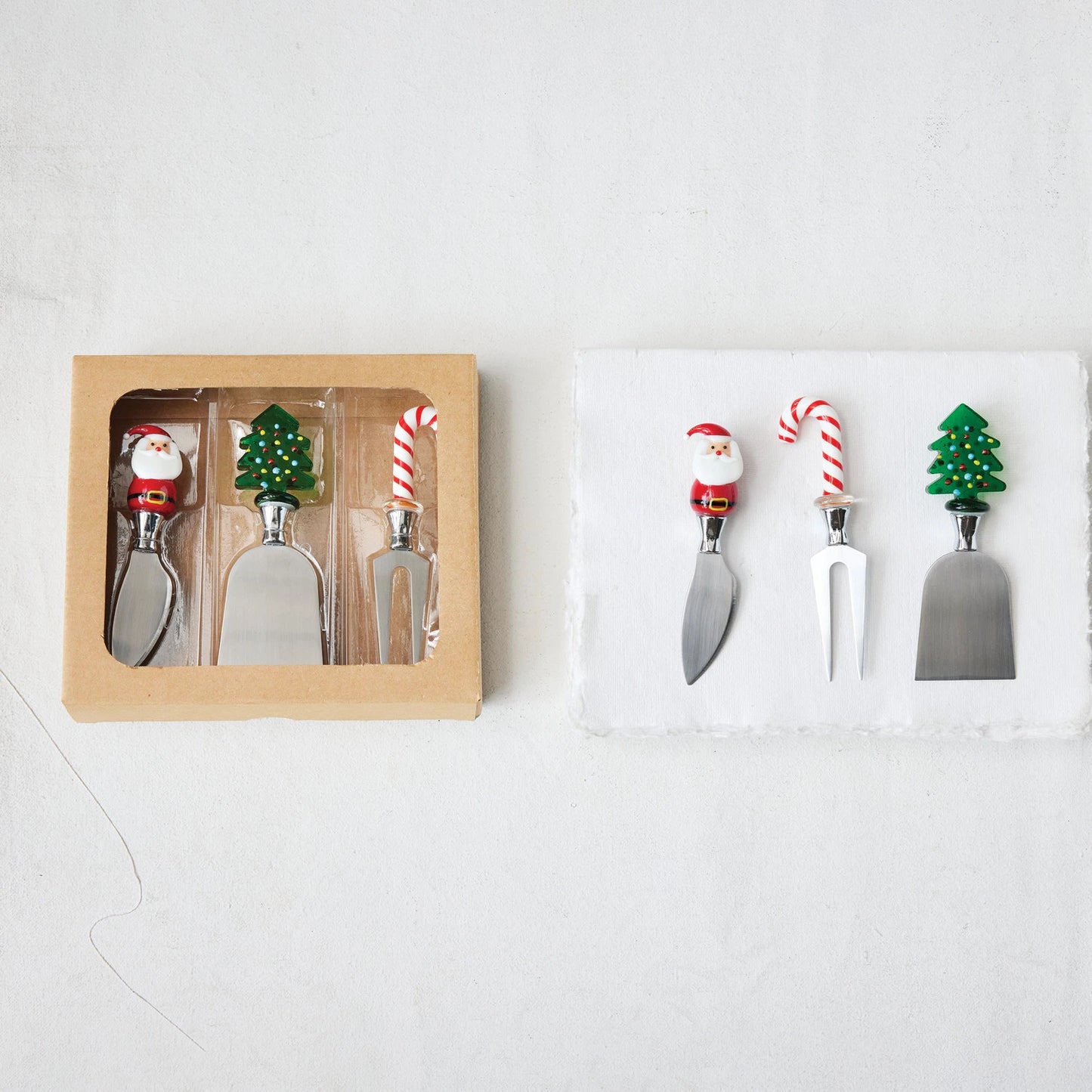 Cheese Knives w/Hand- Blown Glass Holiday Icon Handle -Boxed Set of 3