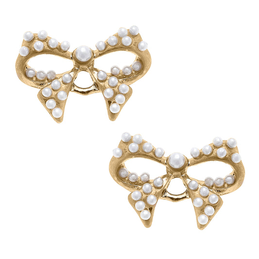 Tillie Pearl-Studded Bow Stud Earrings in Ivory