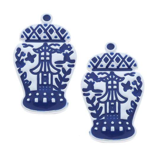 Aubree Enamel Pagoda Ginger Jar Stud Earrings: Blue & White