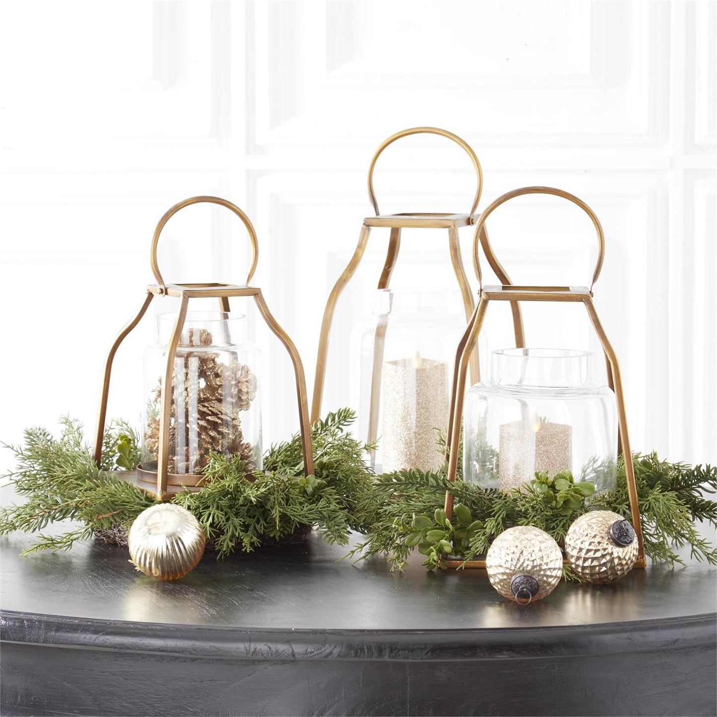 Gold Metal Trapezoid Lanterns w/Glass Hurricane (3 Sizes)