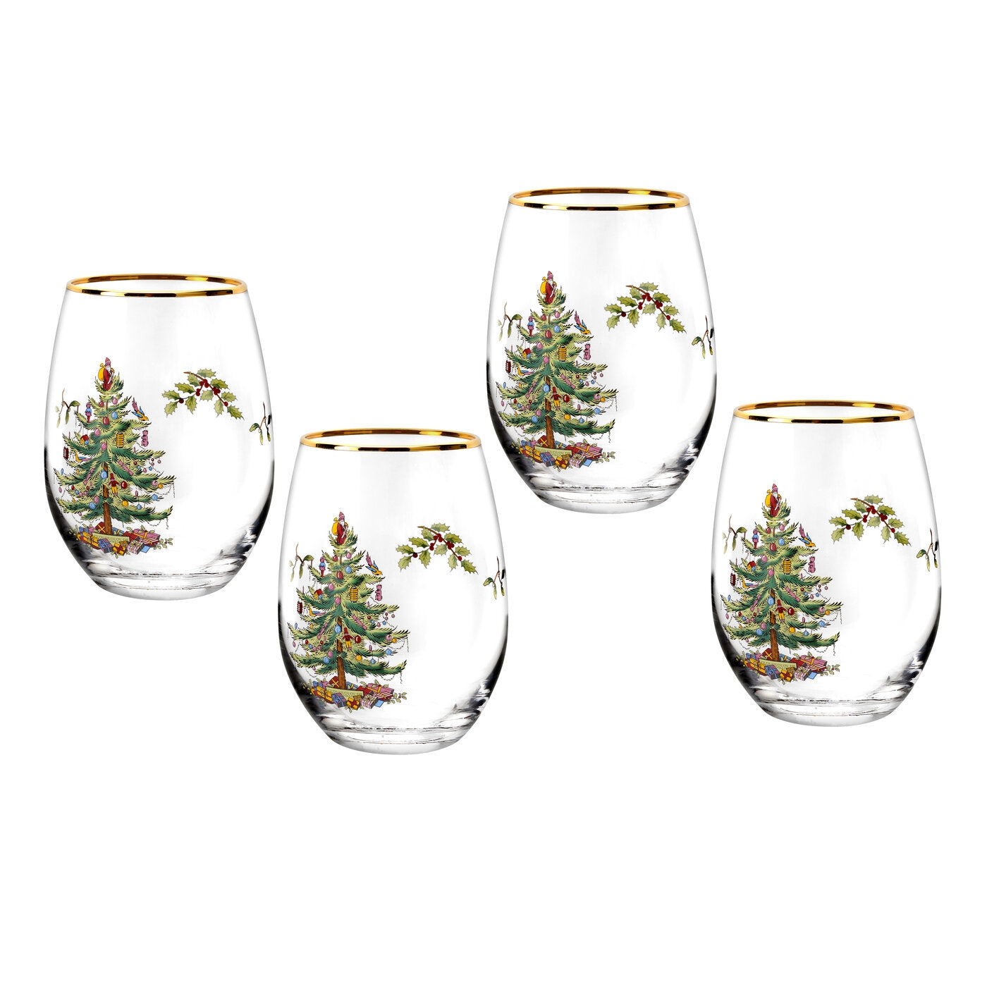 Spode Christmas Tree Stemless Wine Glass s/4