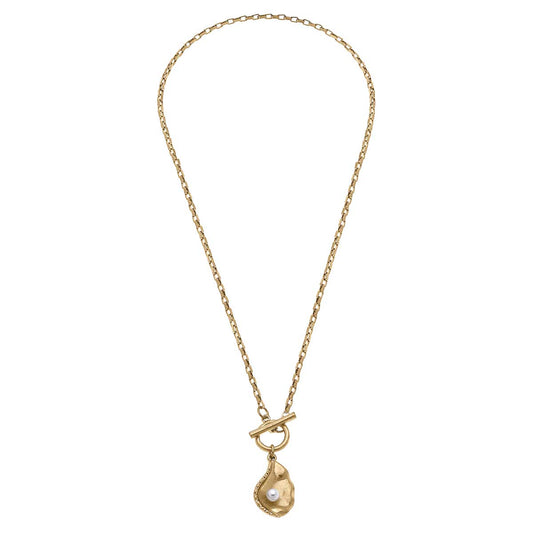 Oyster with Pearl T-Bar Charm Necklace in Worn Gold