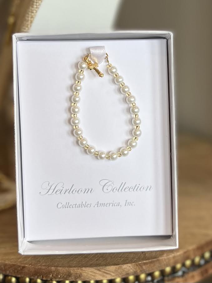 Glass Pearls - Golden Seed Beads - Gold Finish Cross 4" Bracelet