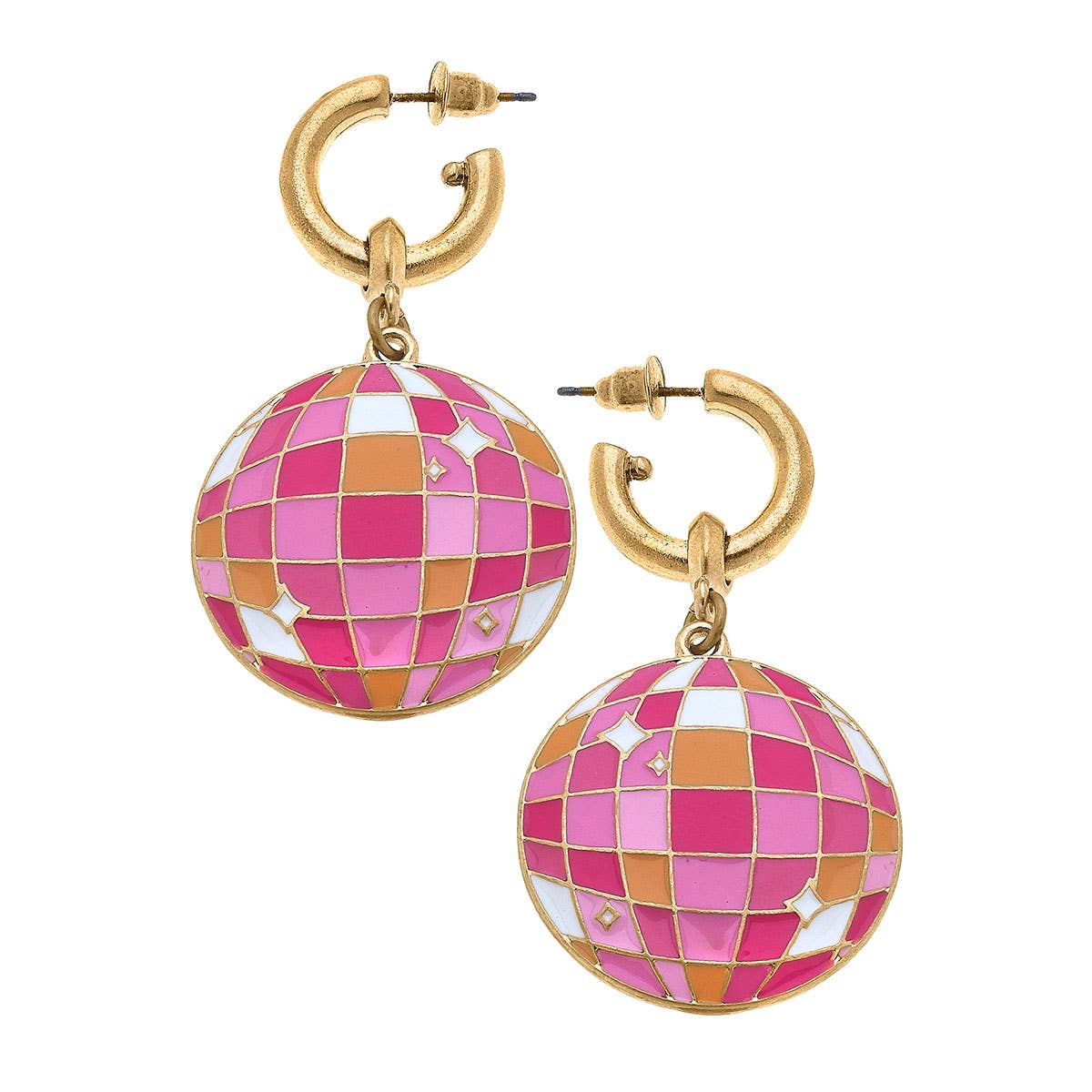 Rodeo Disco Ball Enamel Drop Hoop Earrings in Multi