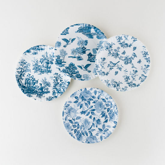 PICTORIAL BLUE AND WHITE MELAMINE PLATES