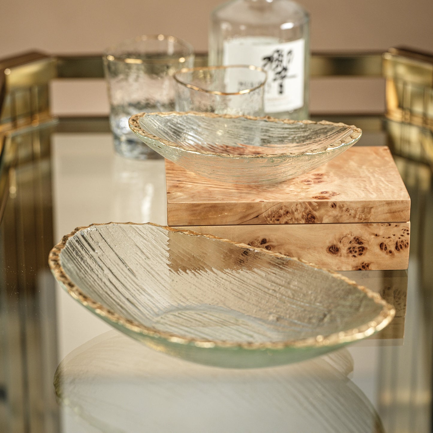 Clear Textured Bowl with Jagged Gold Rim - Large