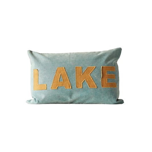 Cotton Canvas Lumbar Pillow w/ Applique "Lake" - Lake Life