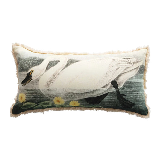 Cotton Lumbar Pillow w/ Vintage Reproduction Swan & Flowers Image, Multi Color