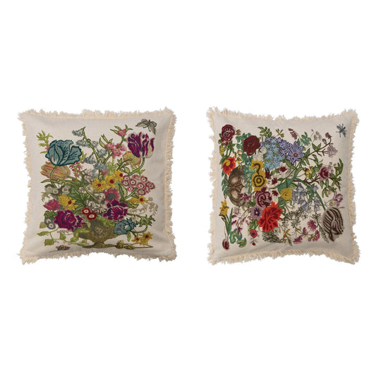 Cotton Printed Pillow w/ Embroidery, Florals & Fringe, 2 Styles
