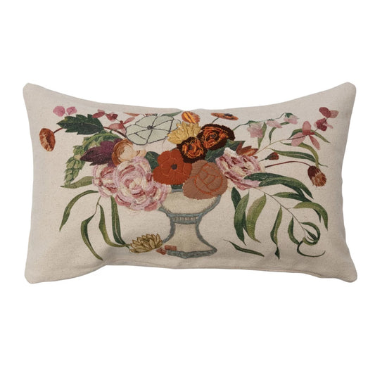 Cotton Lumbar Pillow w/ Embroidery & Flowers in Vase