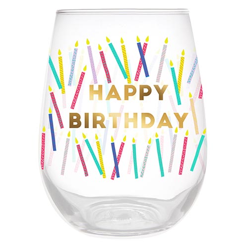 Stemless Wine Glass - Happy Birthday Block