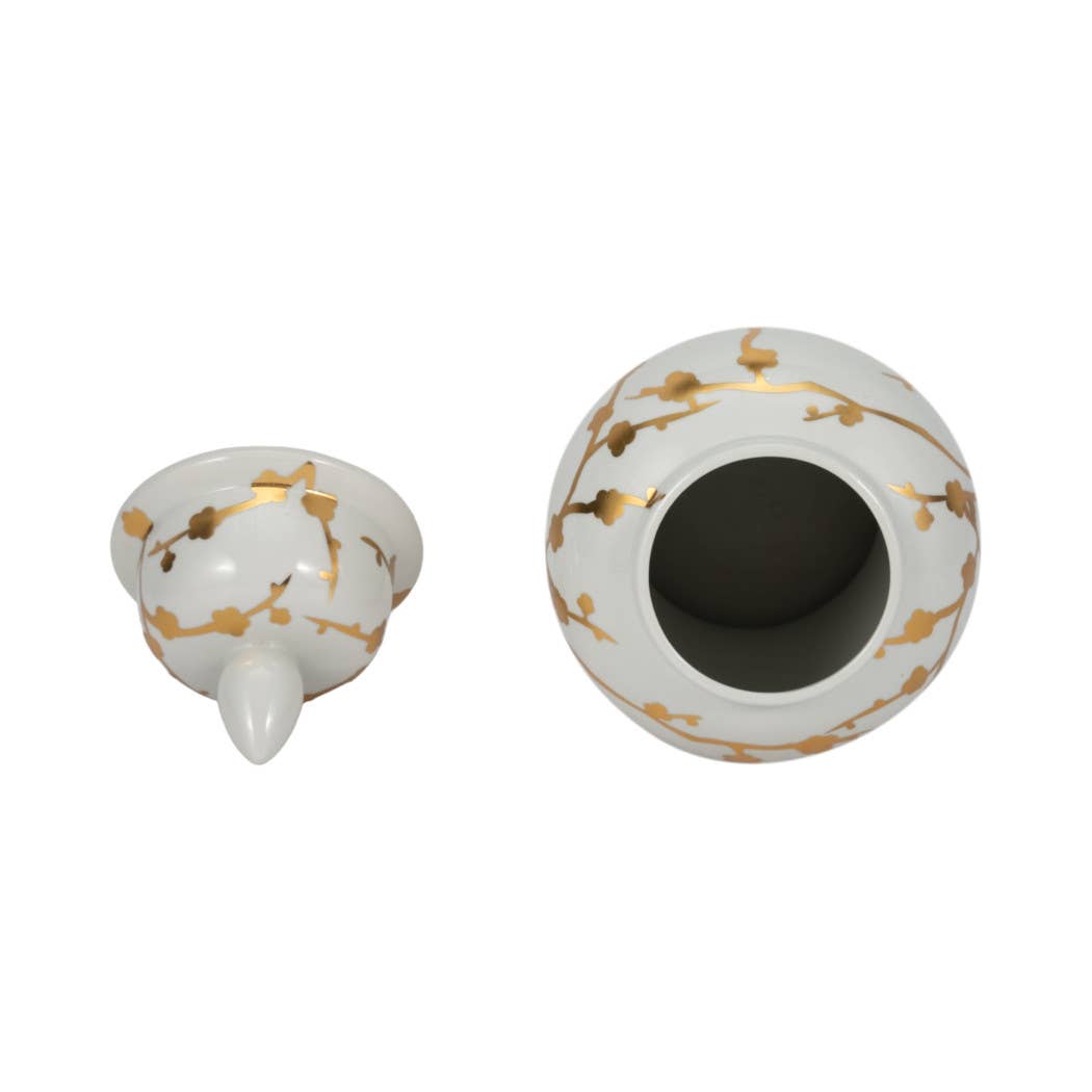 Decorative Temple Jar - White Ceramic Gold Cherry, 14 in.