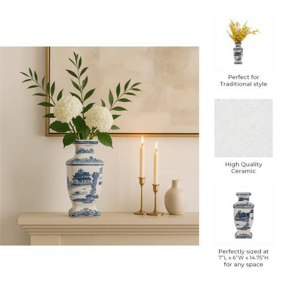 Decorative Jar - Blue Ceramic Chinoiserie Temple, 15 in.