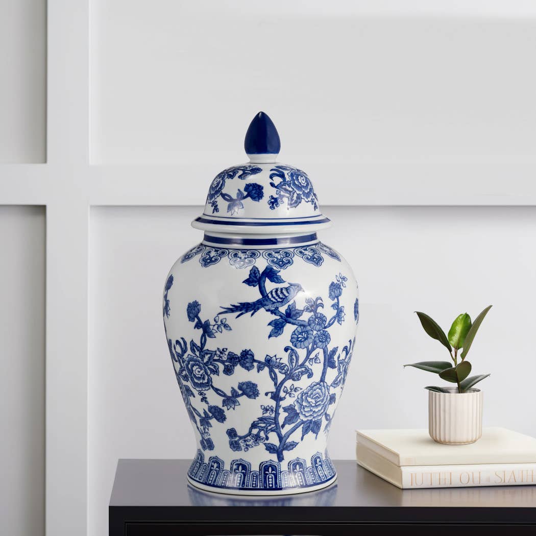 Blue 18 in. Ceramic Chinoiserie Temple Jar with Bird/Flower
