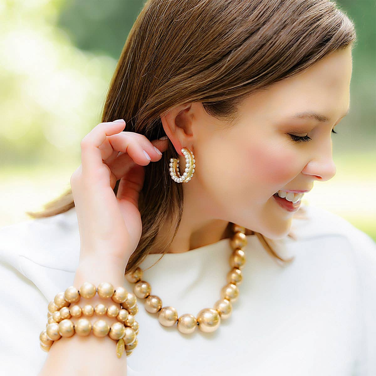 Chloe 10MM Ball Bead Stretch Bracelet in Worn Gold