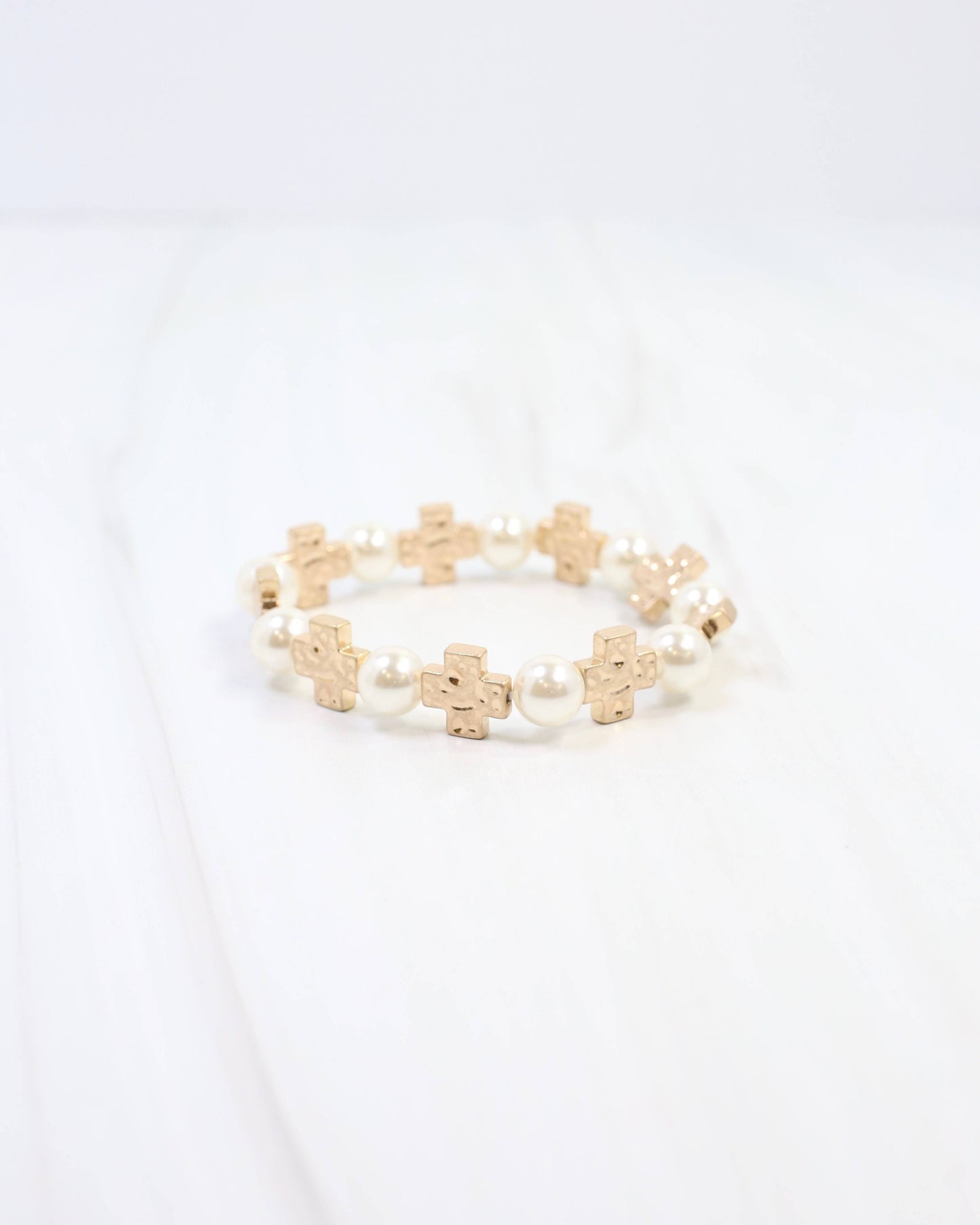 Lansing Pearl and Cross Stretch Bracelet Worn Gold