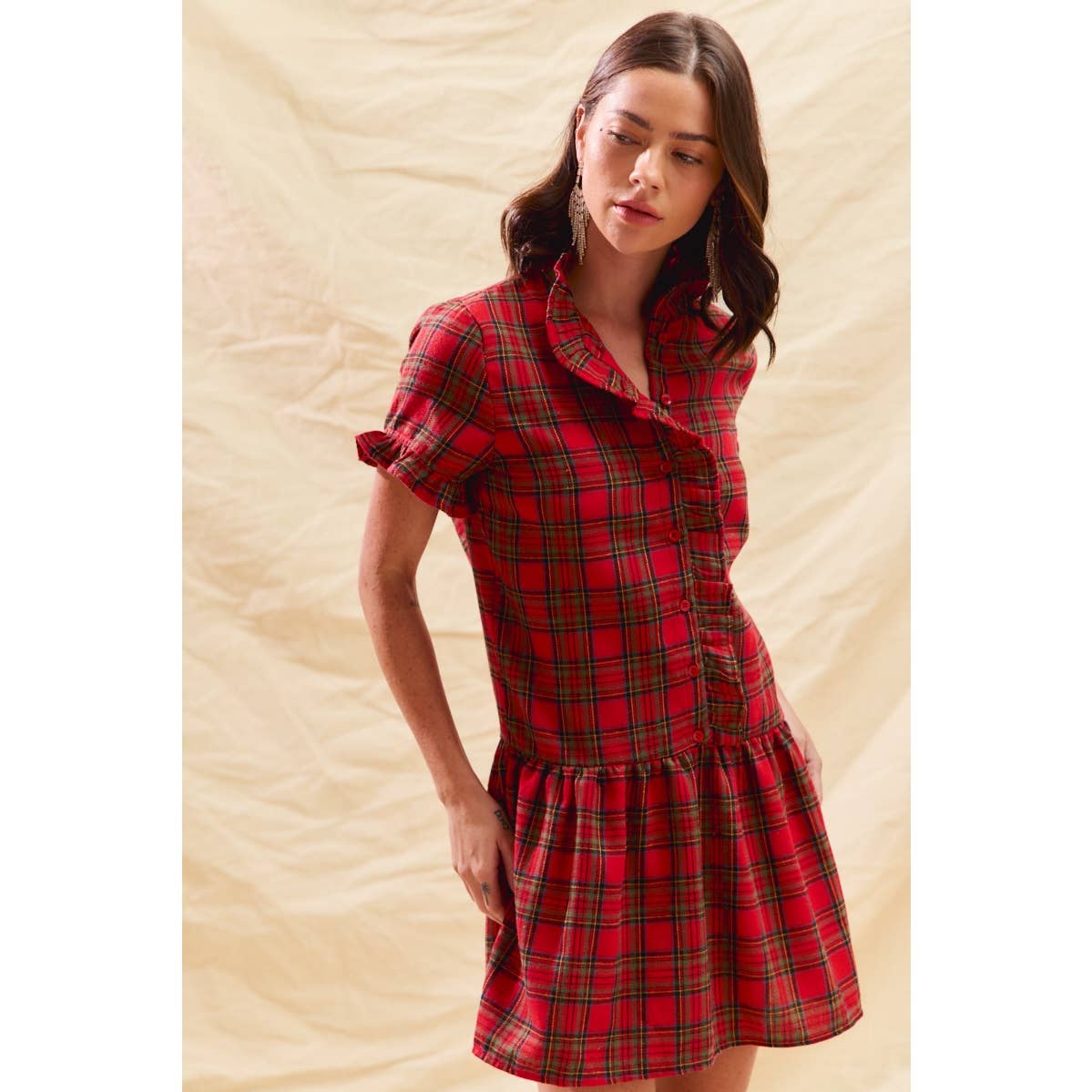 RED CHECKERED PLAID CHRISTMAS HOLIDAY MINI DRESS: RED CHECK / S