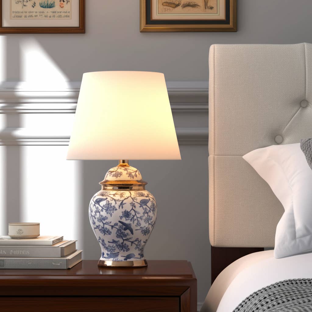 Table Lamp - Blue Ceramic Chinoiserie Floral Birds, 19 in.