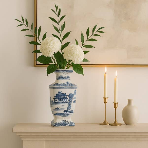 Decorative Jar - Blue Ceramic Chinoiserie Temple, 15 in.