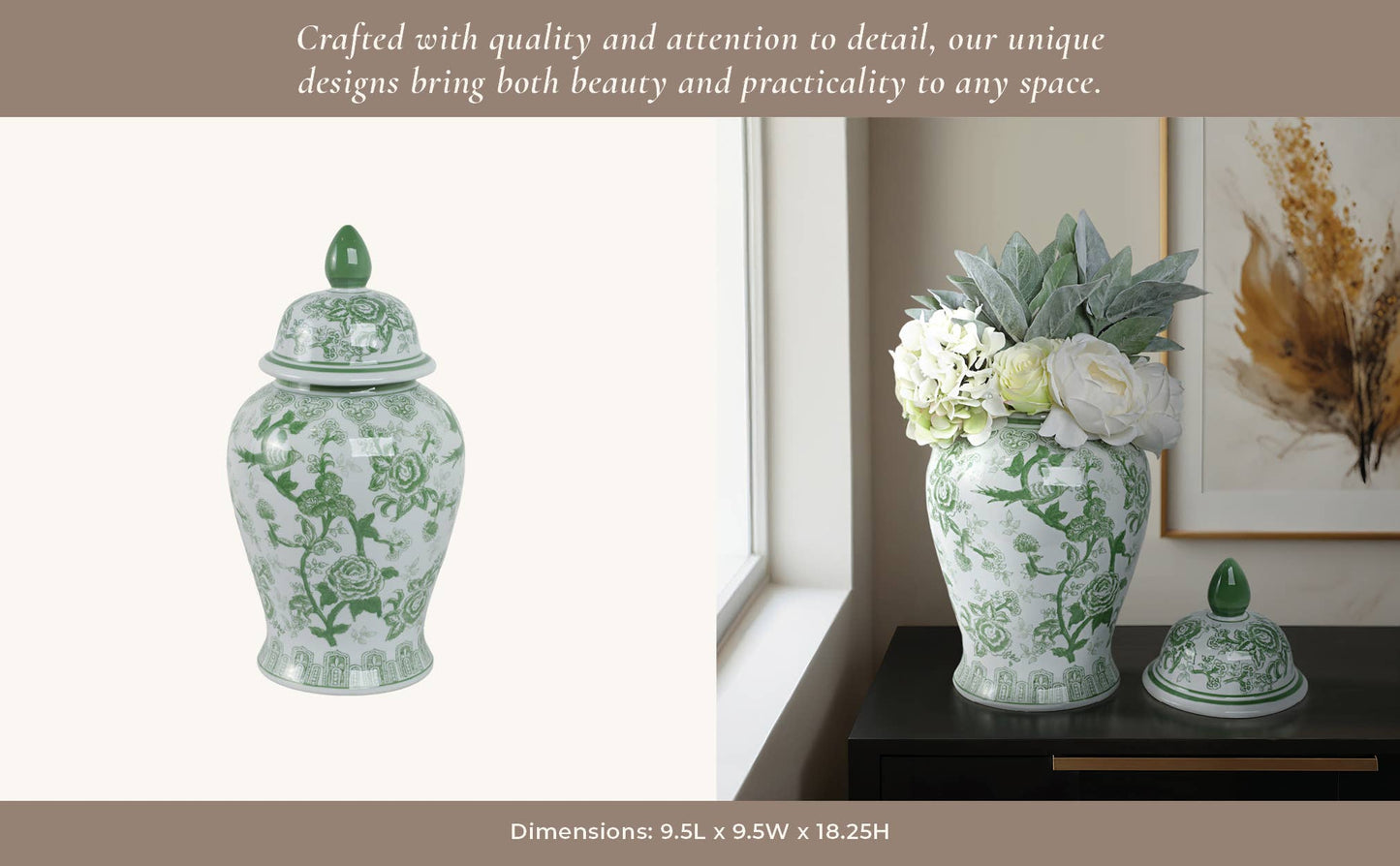 Ceramic Bird Flower Decorative Temple Jar - Green, 18 in.
