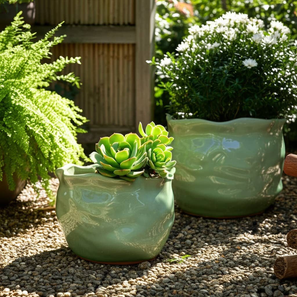 Green Ceramic Round Wavy Edge Planters (2 Sizes)