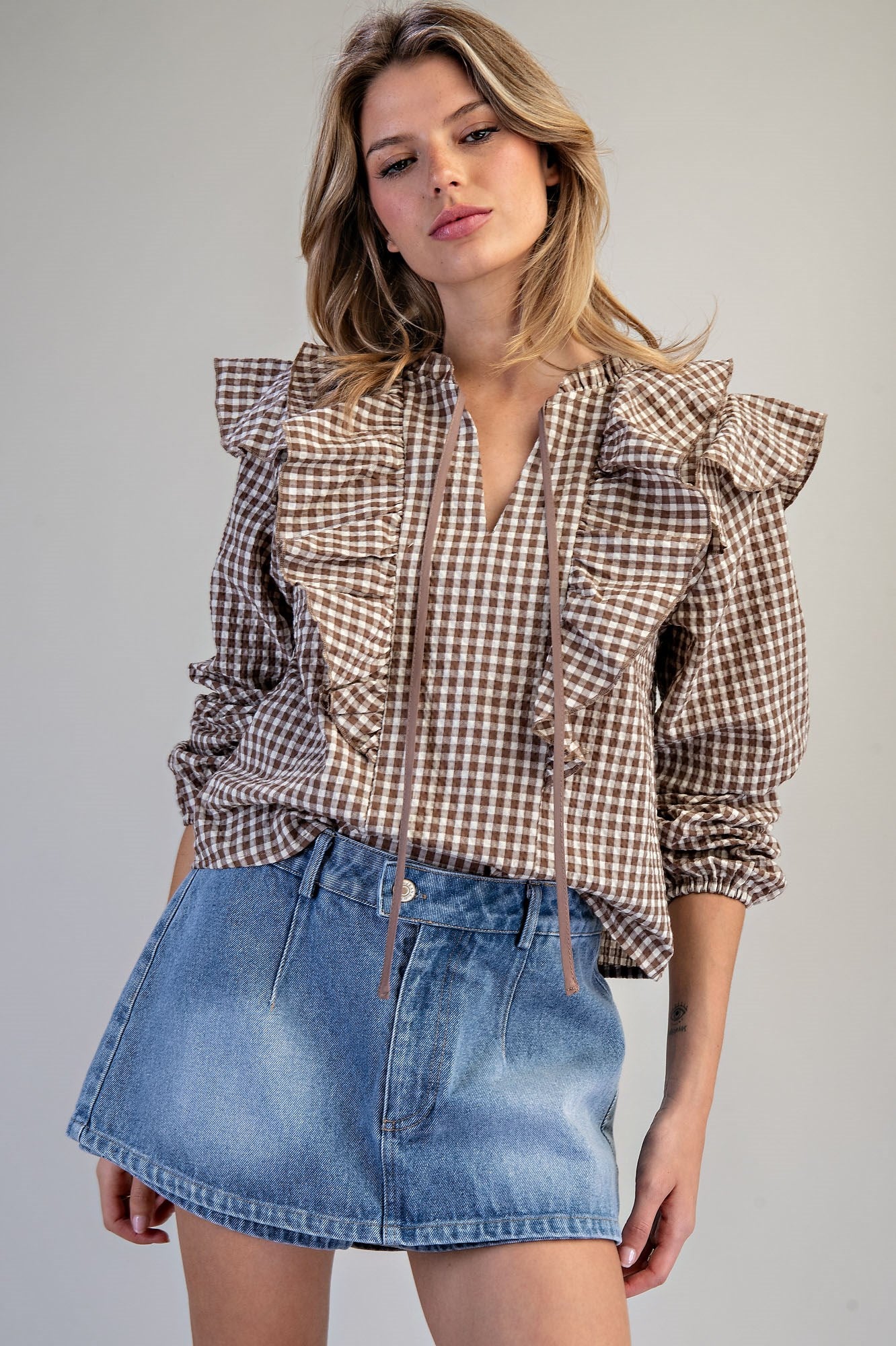 Gingham Print Ruffled Blouse in Mocha Brown