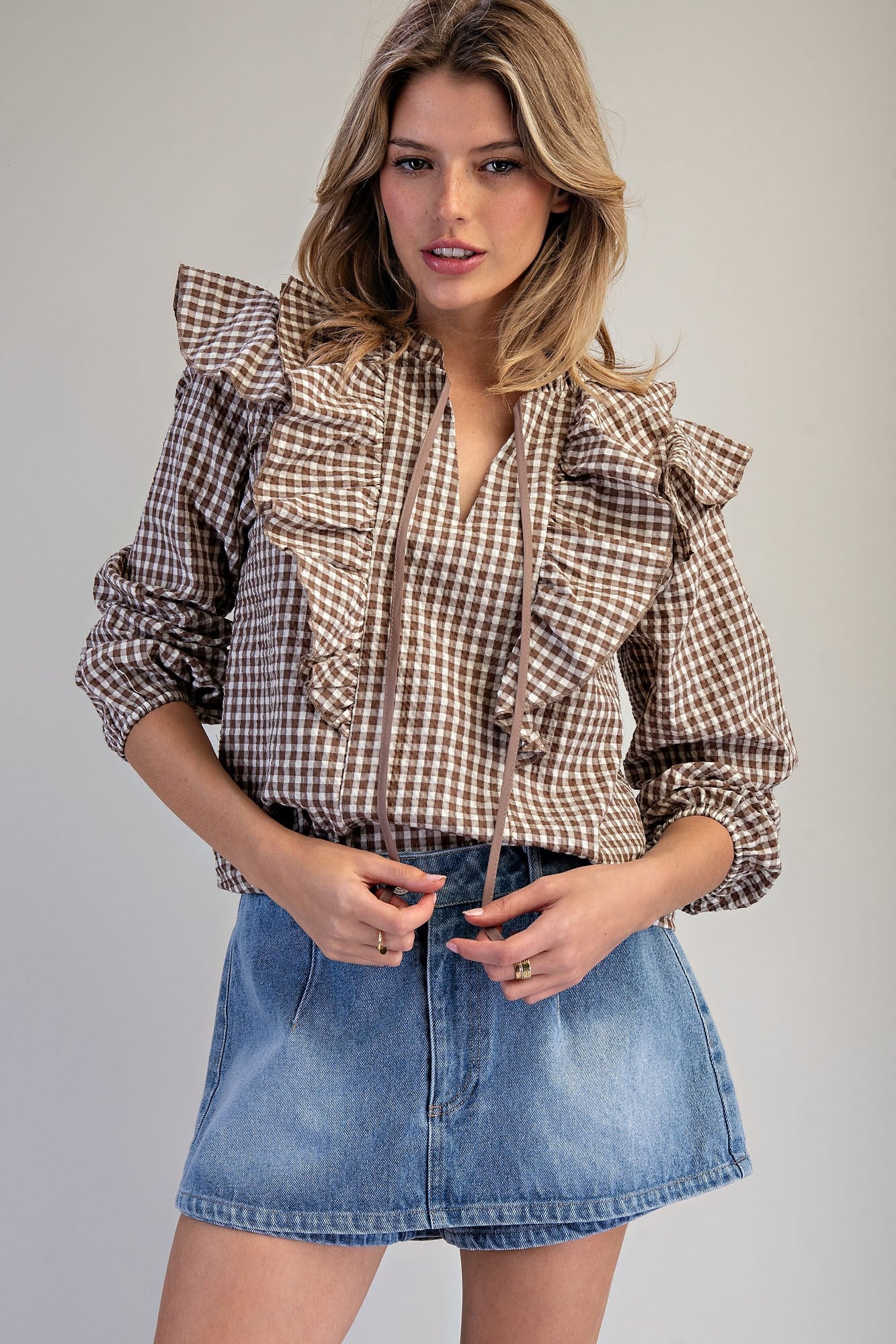 Gingham Print Ruffled Blouse in Mocha Brown