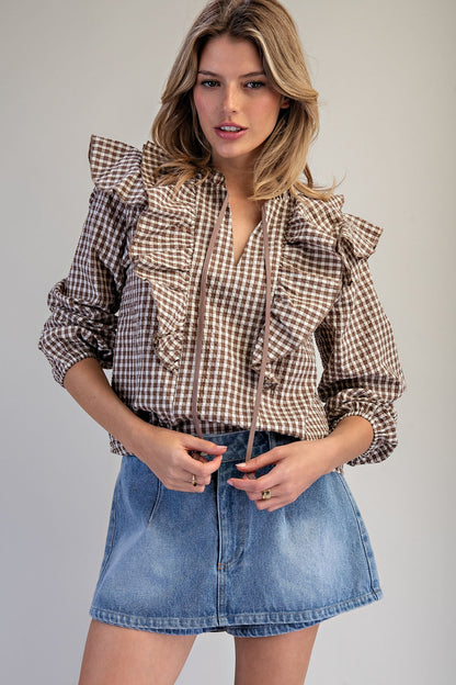 Gingham Print Ruffled Blouse in Mocha Brown