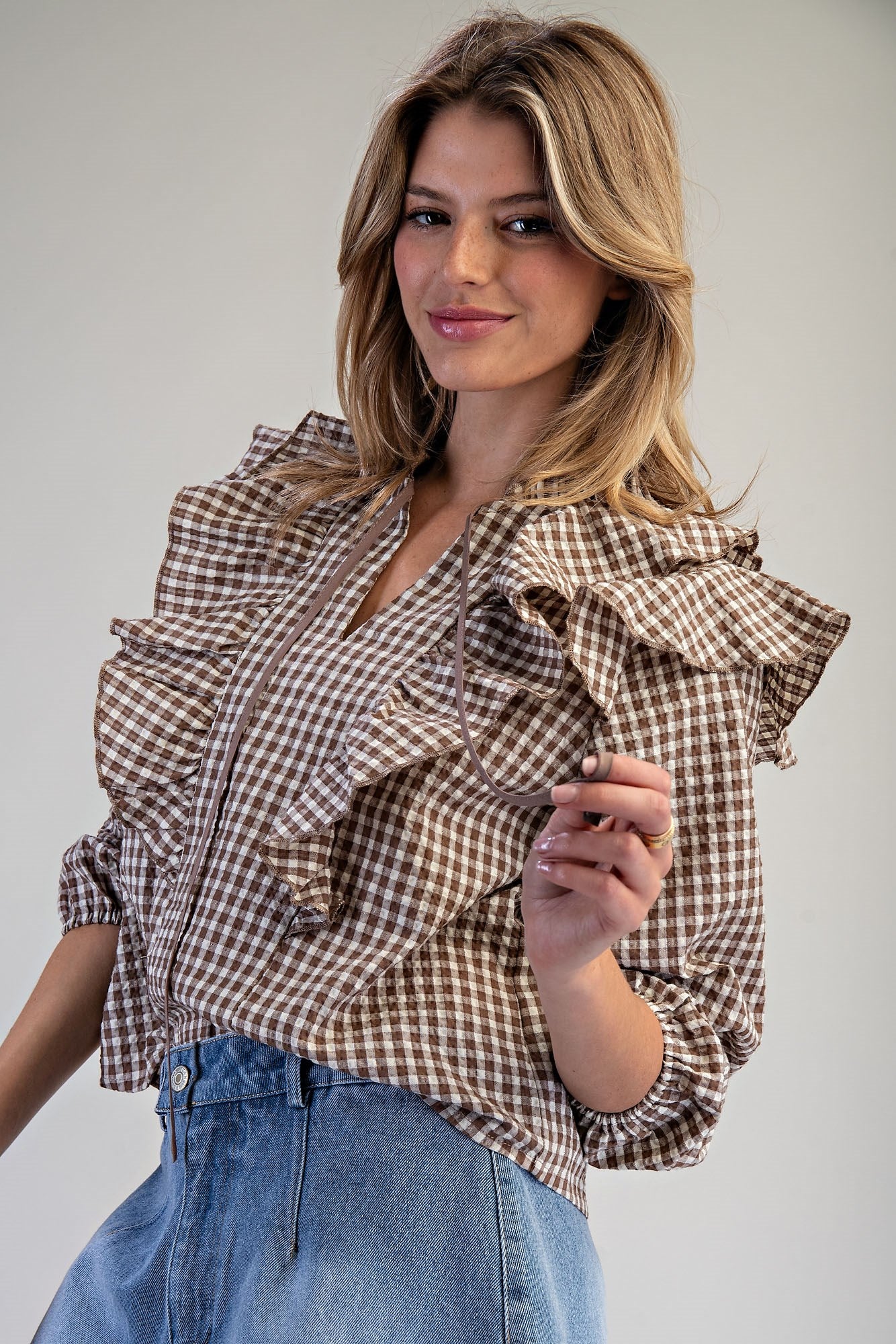 Gingham Print Ruffled Blouse in Mocha Brown