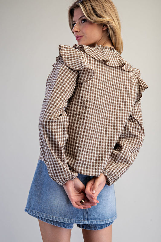 Gingham Print Ruffled Blouse in Mocha Brown