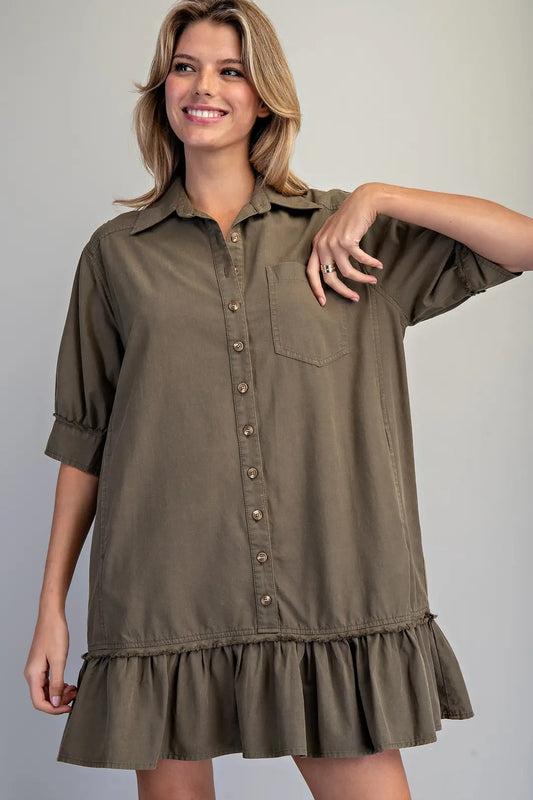 Button Down Mini Dress in Olive