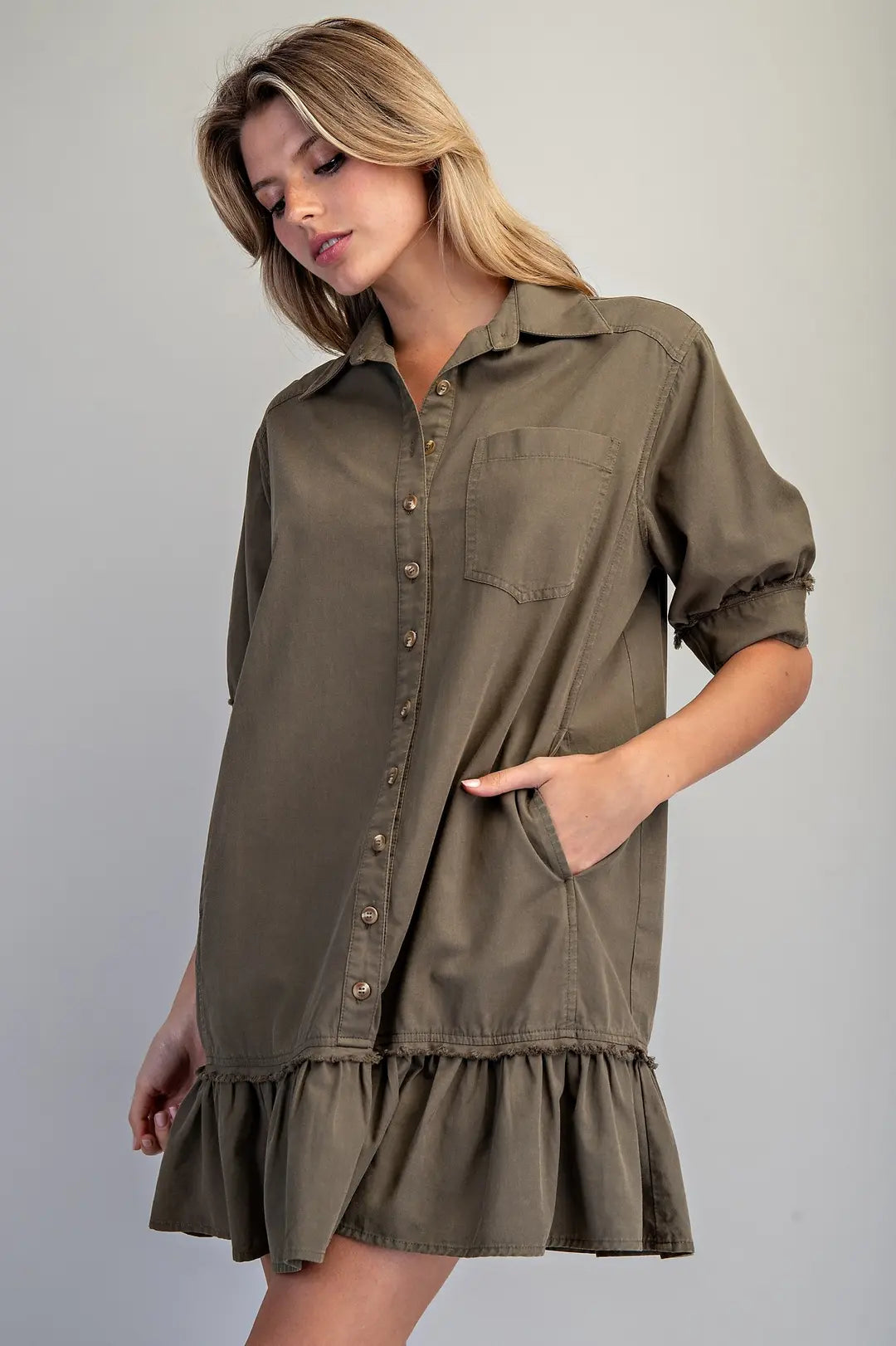 Button Down Mini Dress in Olive