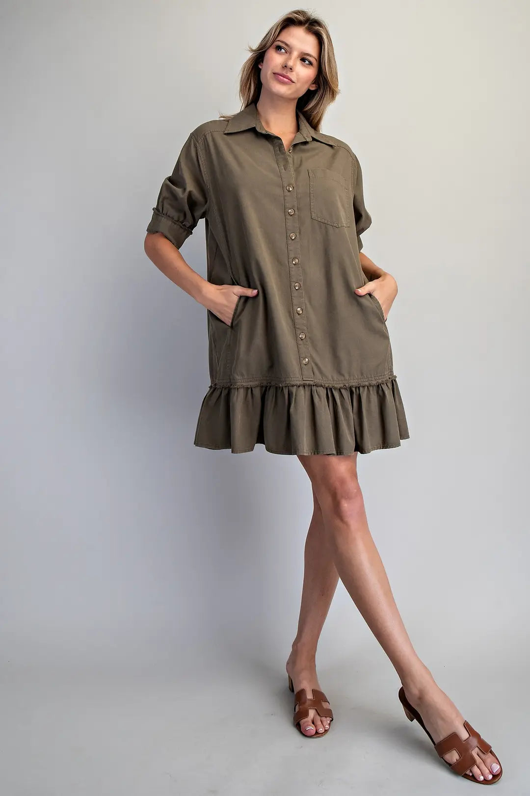 Button Down Mini Dress in Olive